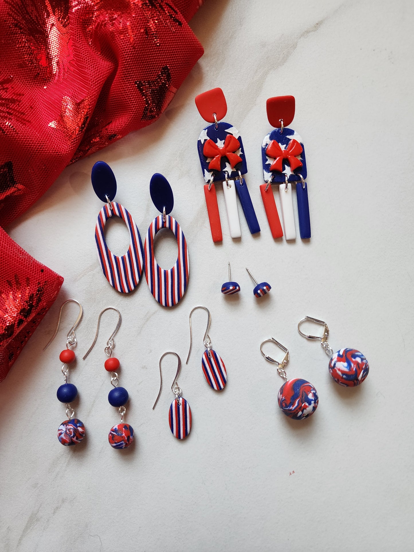 Large marbled beaded dangles - Independence Day