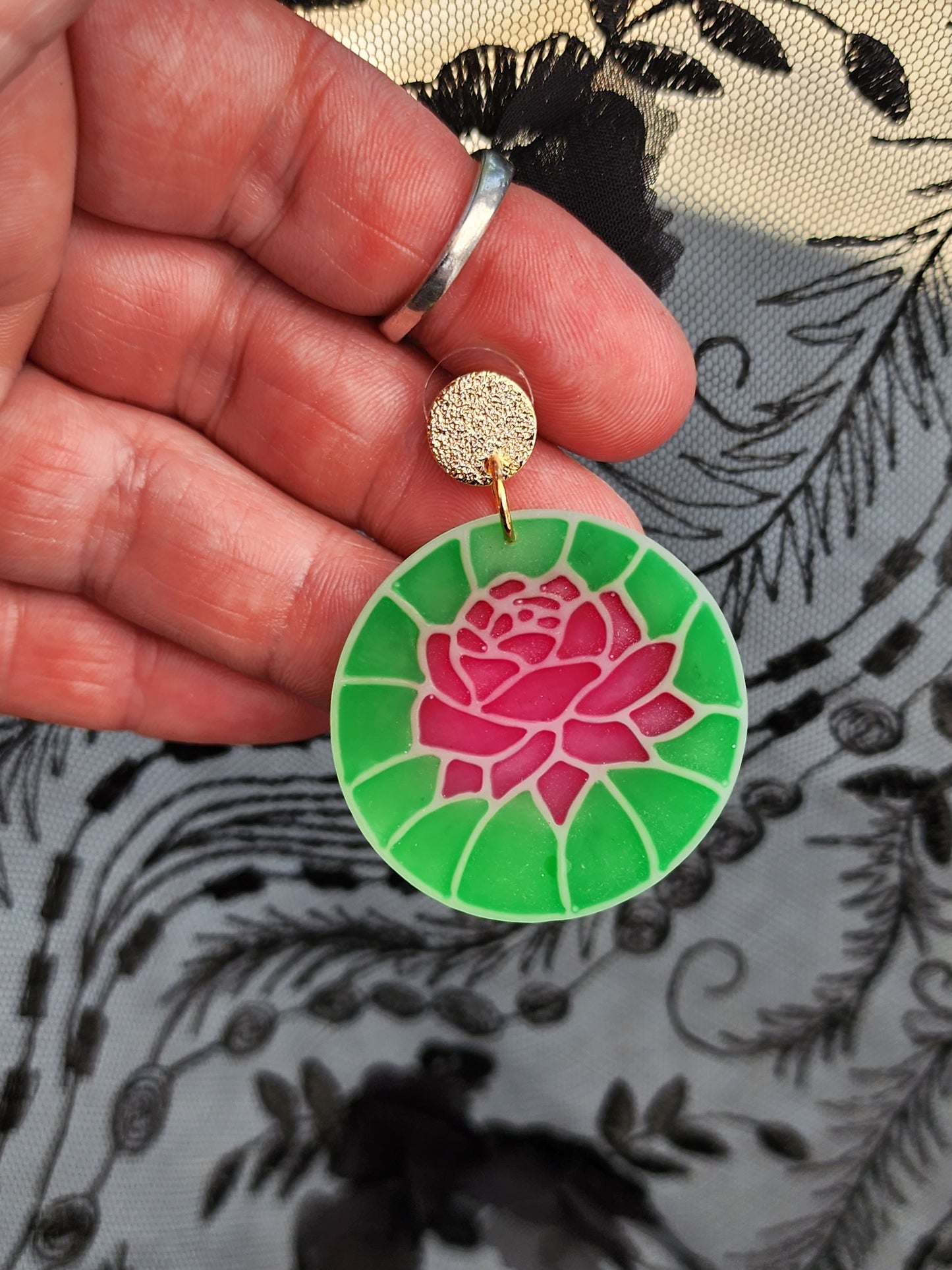 Rose Stained Glass Effect Dangle Earrings
