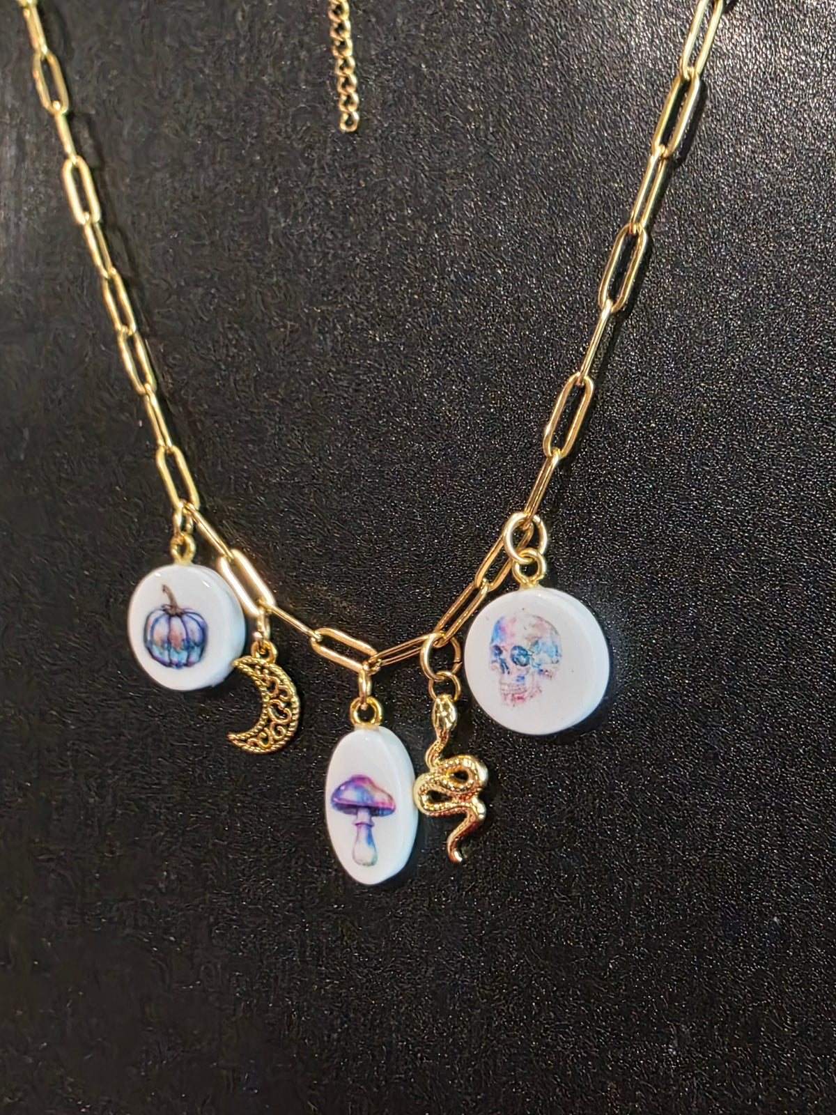 Colorful Halloween Charm Necklace (pumpkin, mushroom, skull charms)