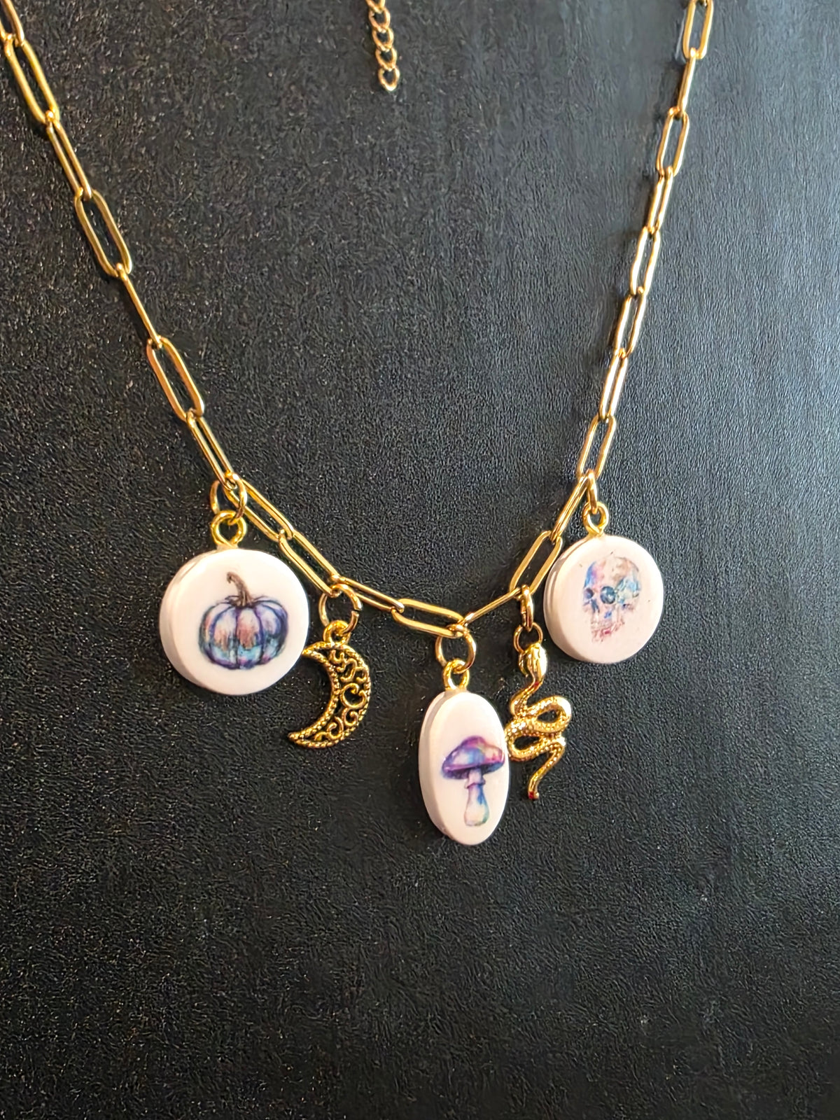 Colorful Halloween Charm Necklace (pumpkin, mushroom, skull charms)