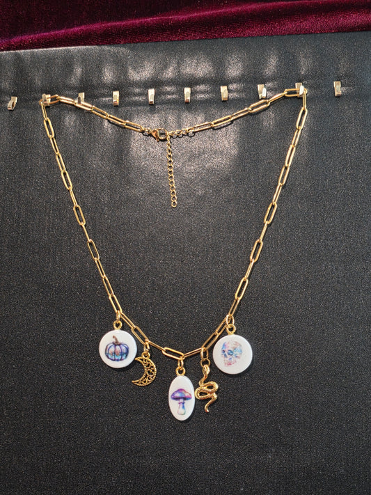 Colorful Halloween Charm Necklace (pumpkin, mushroom, skull charms)