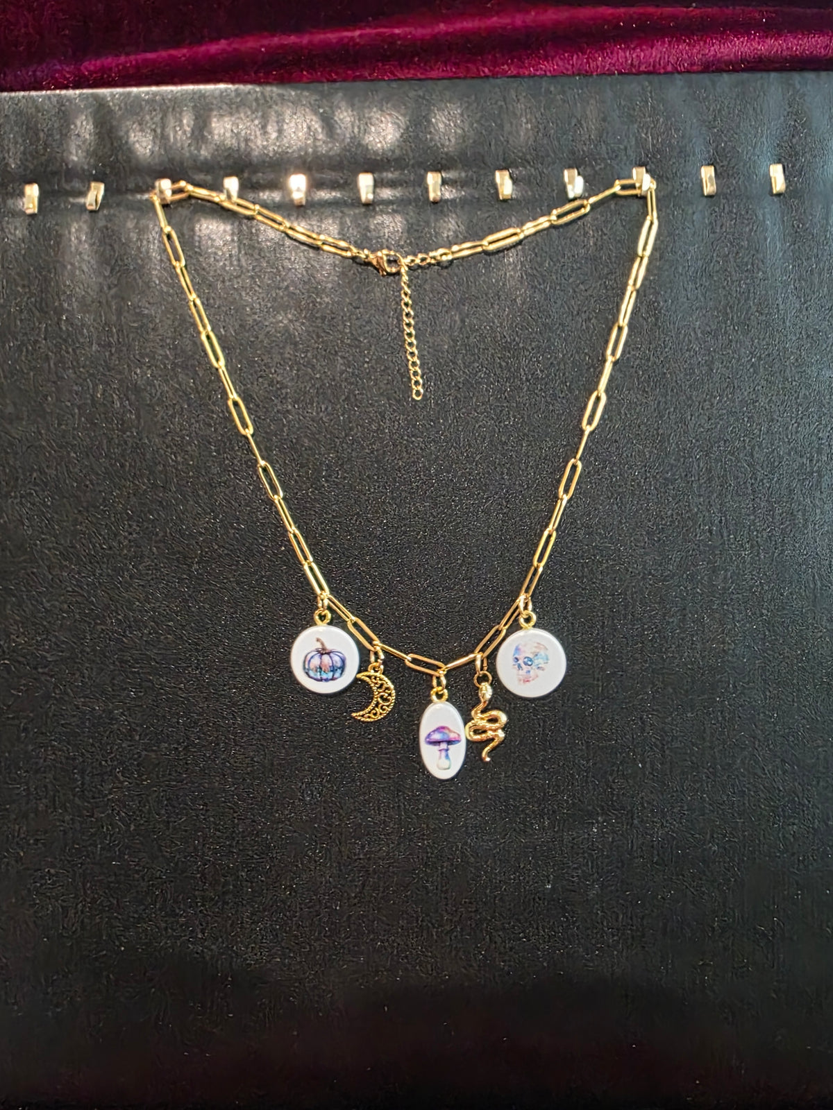 Colorful Halloween Charm Necklace (pumpkin, mushroom, skull charms)