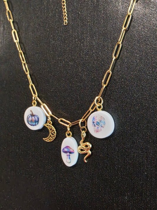 Colorful Halloween Charm Necklace (pumpkin, mushroom, skull charms)