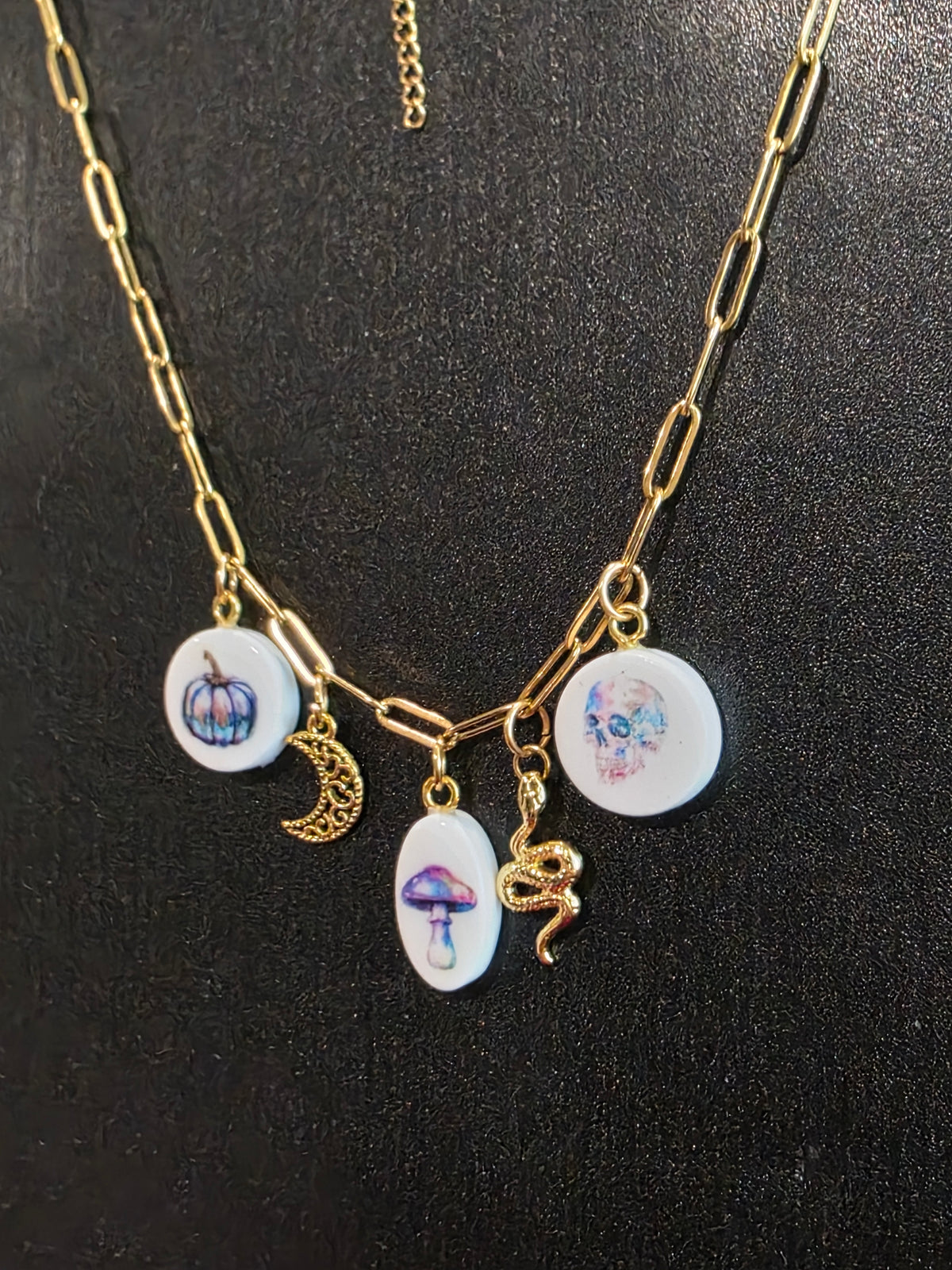 Colorful Halloween Charm Necklace (pumpkin, mushroom, skull charms)
