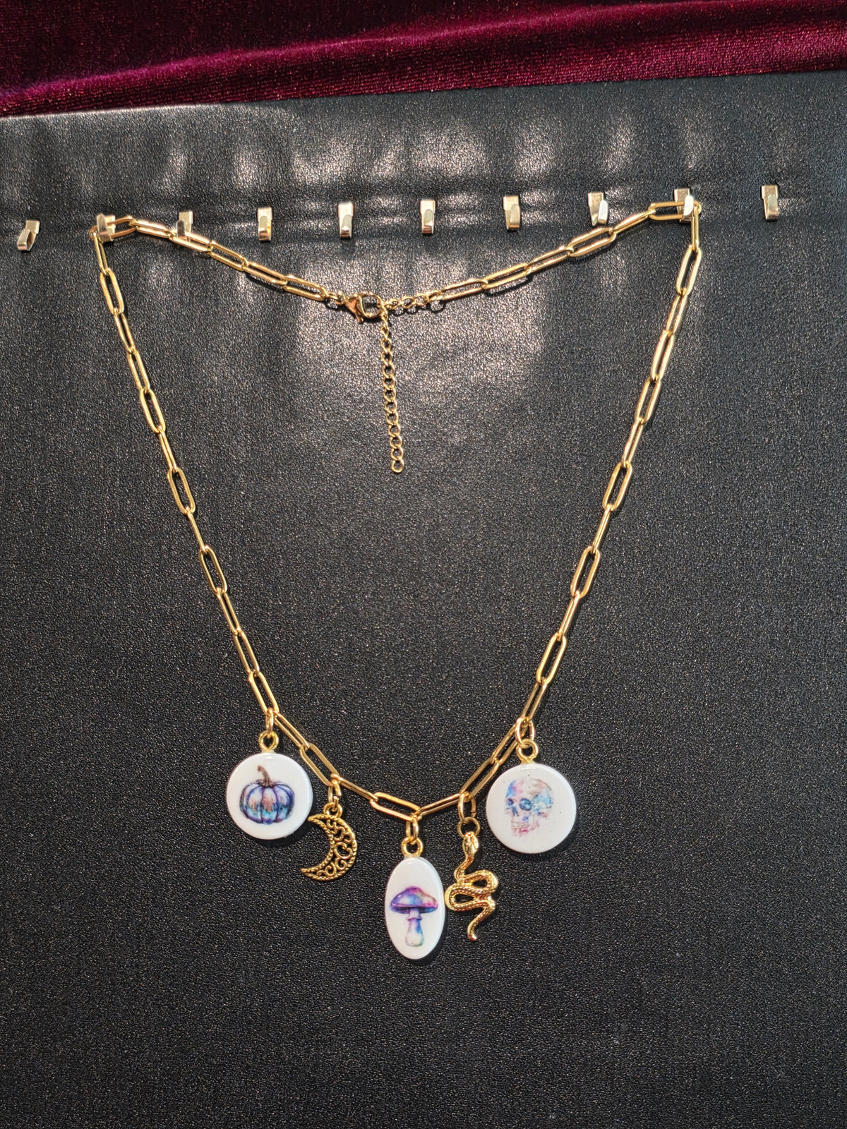 Colorful Halloween Charm Necklace (pumpkin, mushroom, skull charms)